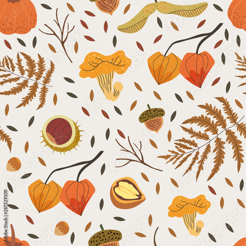 Seamless pattern decorated with floral elements like chestnut, acorn, girolle, fern and walnut. Autumn harvest illustration that can be used as a background for textile, fabric, wrapping paper print.