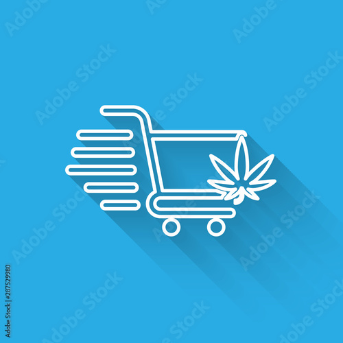 White line Shopping cart with marijuana or cannabis leaf icon isolated with long shadow. Online buying. Delivery service. Supermarket basket. Vector Illustration