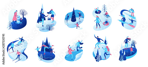 Isometric winter people, 3d vector illustration set, sport family ice skating, skiing, snowboarding, playing snowballs, kid on sleigh, simple skater, tubing, outdoor snow games, cartoon characters