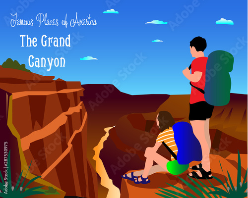 Vector Colorado river in Grand Canyon National Park. Young couple enjoy the scenery