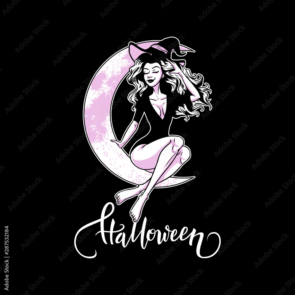 Beautiful young witch woman sitting on the moon, sexy girl pin-up,  Halloween costume, vector illustration Stock Vector | Adobe Stock