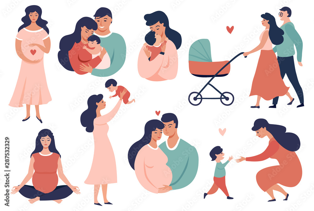 Happy Young Family set. Pregnancy and maternity  concept illustration. Smiling Parent, Mother hold little baby. Flat Cartoon Vector Illustration - obrazy, fototapety, plakaty 