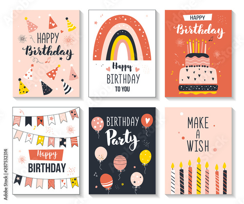 Happy birthday greeting card and party invitation set, vector illustration, hand drawn style.