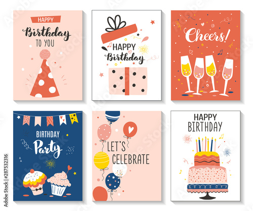 Happy birthday greeting card and party invitation set, vector illustration, hand drawn style.