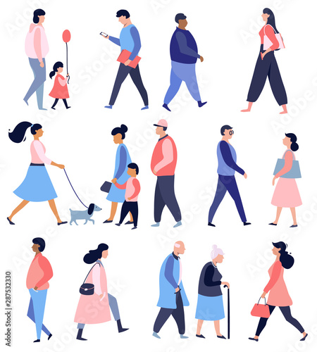 Street walking people, collection of male and female flat cartoon characters,.vector illustration , flat design