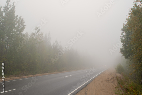 Very thick fog. The road disappearing into the fog. The concept of danger on the road