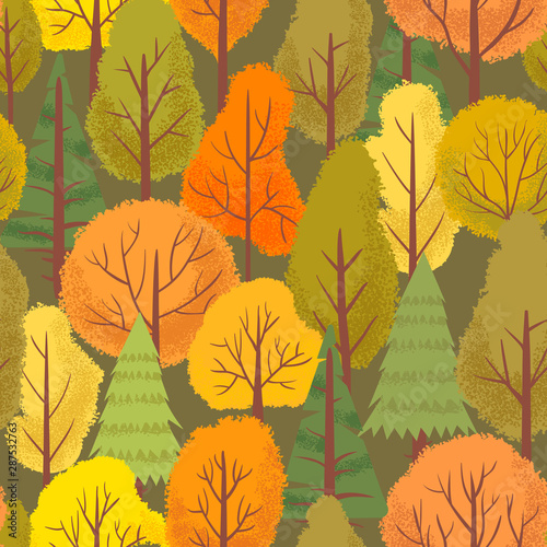 Seamless autumn forest trees pattern. Colorful forest tree, outdoor park plants and minimalist floral. Autumnal foliage lush wrapping or wallpaper vector background illustration