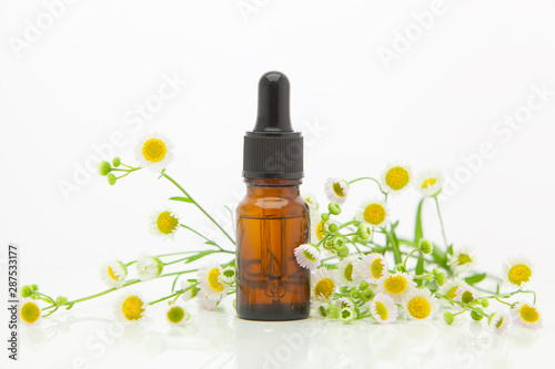 Essence of flowers on table in beautiful glass bottle