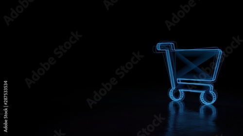 3d glowing wireframe symbol of symbol of shopping cart isolated on black background