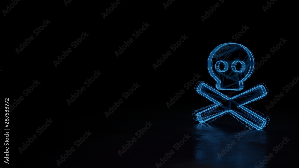 3d glowing wireframe symbol of symbol of skull crossbones isolated on black background