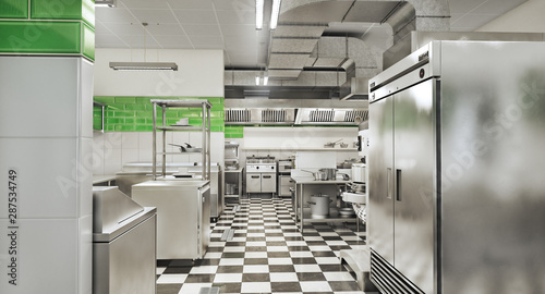 Restaurant equipment. Modern industrial kitchen. 3d illustration