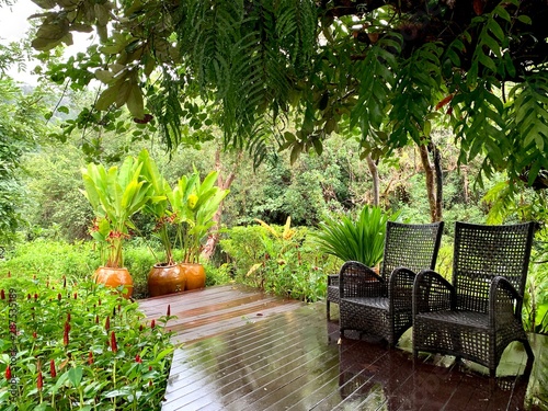 chairs set on the wooden floor in the relaxing area outdoor, outdoor furniture set.