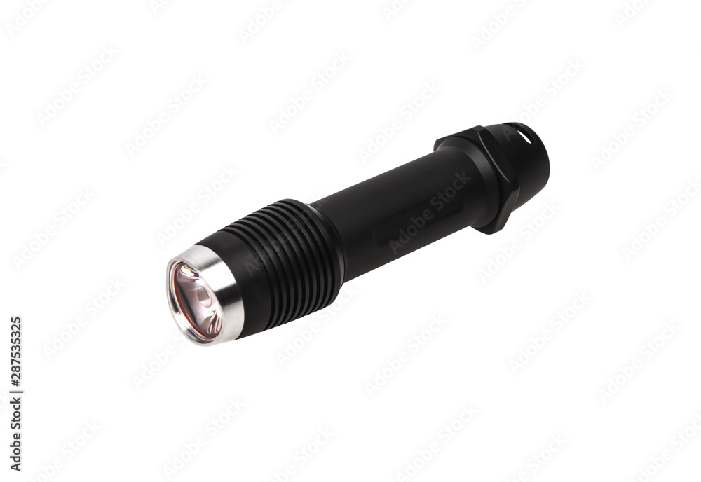modern black metal flashlight isolated on white modern black metal flashlight isolated on white