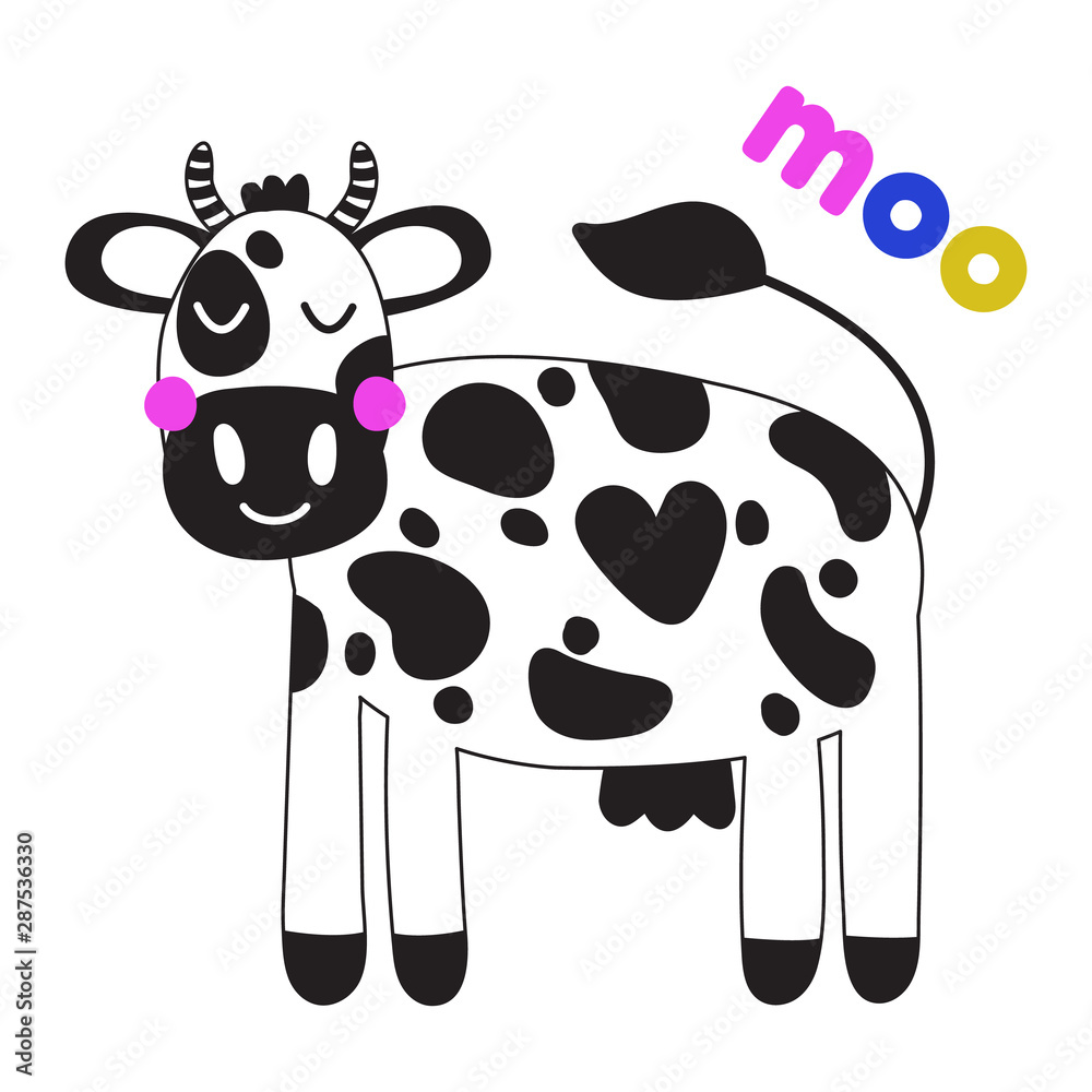 Vector illustration. Cute funny farm animal for kids. Nursery print cartoon  cow. Black, white and pink Stock Vector | Adobe Stock