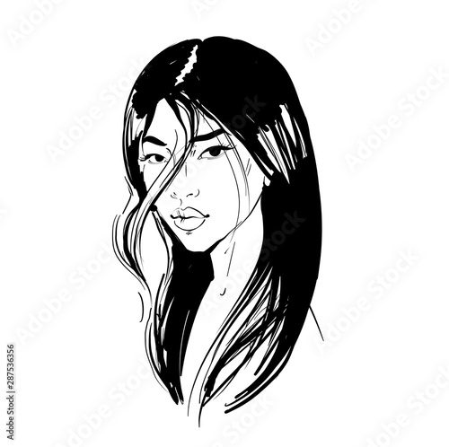 Young Asian girl with black long hair. Fashion vector illustration isolated on white. Can be used as a face chart or for hairdressers Skincare, professional hairdressing, beauty salon
