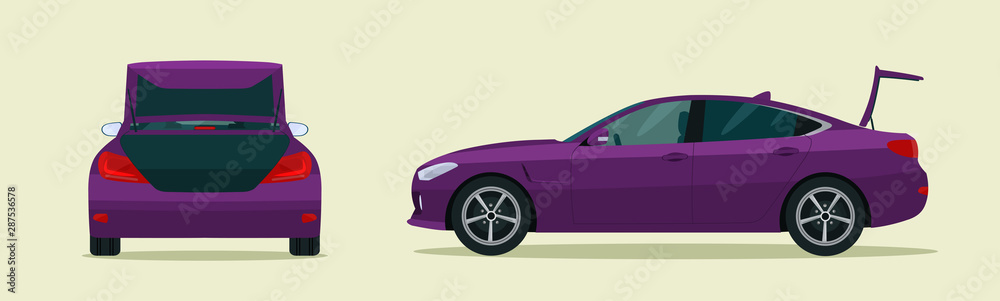 Sedan car with open boot. Side and back view. Vector flat style illustration.
