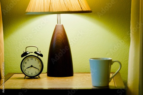 waking up in the morning in the bedroom with a cup of coffee, simple, home, space in the frame