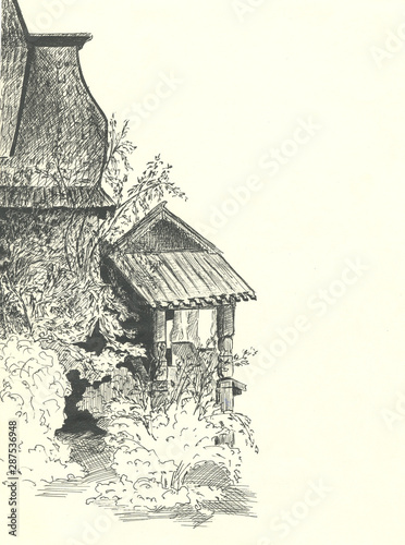 wooden house among trees, black pen drawing photo