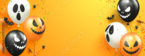 Halloween background with scary balloons, paper bats,spiders, candy and flying serpentine on orange background.Vector illustration