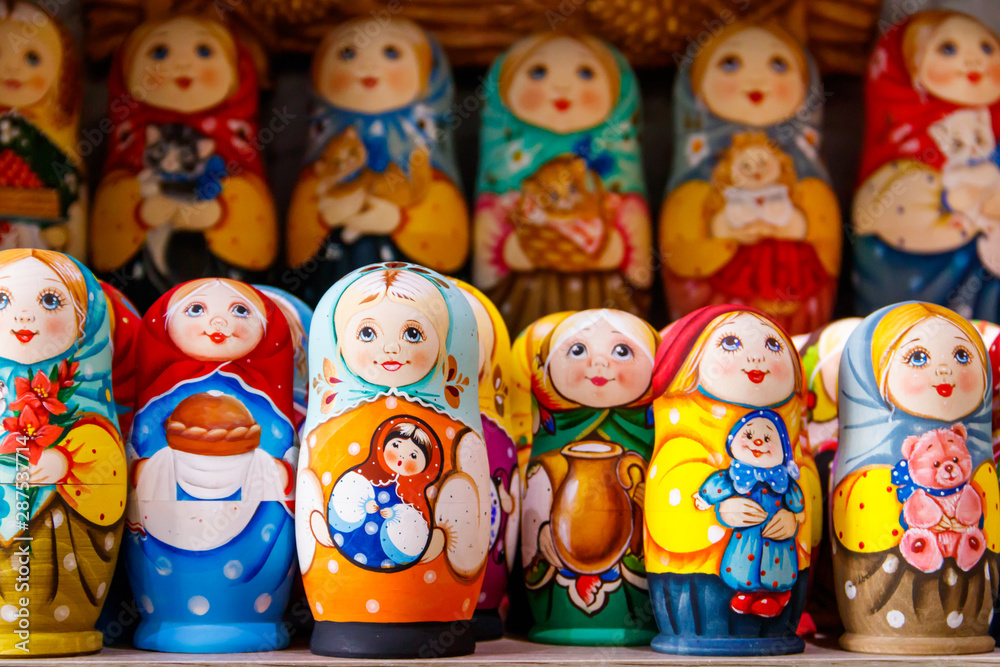 Traditional souvenirs from Russia - colorful nesting dolls, also known as matryoshka, babushka, stacking dolls, or Russian dolls
