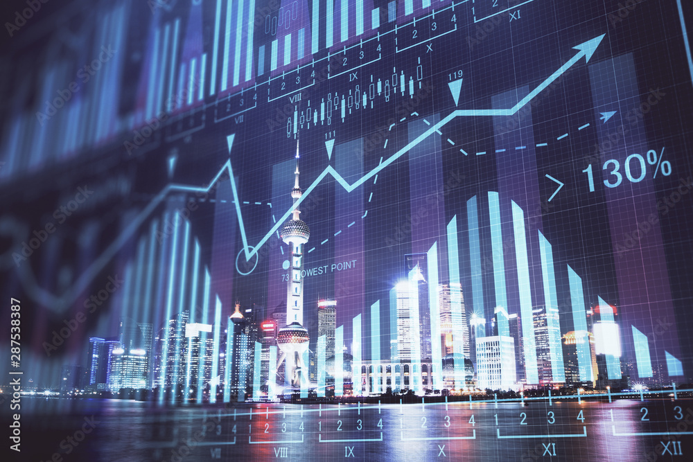 Financial graph on night city scape with tall buildings background multi exposure. Analysis concept. Financial graph on night city scape with tall buildings background multi exposure. Analysis concept.