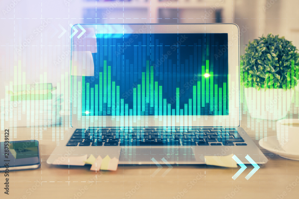 Double exposure of forex chart and work space with computer. Concept of international online trading. Double exposure of forex chart and work space with computer. Concept of international online trading.