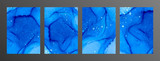 Blue ultramarine ink vector textures backgrounds set. Paint mixing, fluid art.