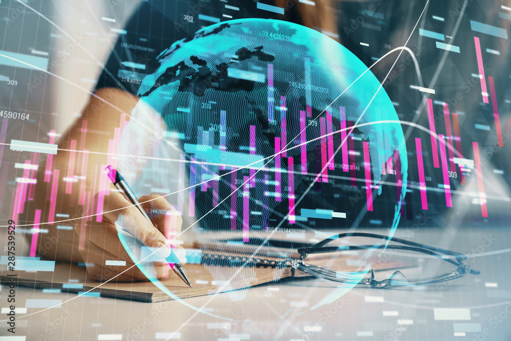 Multi exposure of woman's hands making notes with forex graph hologram. Concept of technical analysis. Multi exposure of woman's hands making notes with forex graph hologram. Concept of technical analysis.