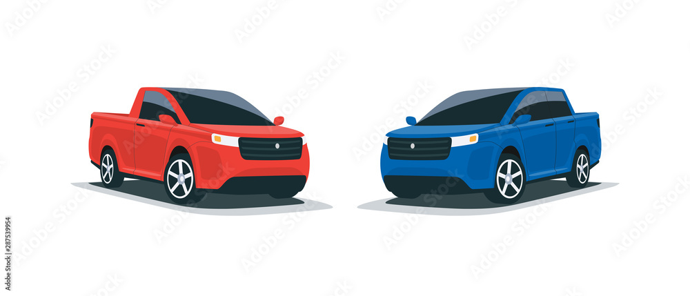 Cartoon vector illustration of an abstract modern all-terrain red and blue suv truck american style big 4x4 car. Front side perspective view. Isolated vehicle on white background. Cartoon vector illustration of an abstract modern all-terrain red and blue suv truck american style big 4x4 car. Front side perspective view. Isolated vehicle on white background.
