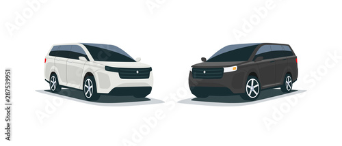 Cartoon vector illustration of an abstract modern all-terrain white and black suv mpv family american style big 4x4 car. Front side perspective view. Isolated vehicle on white background. photo