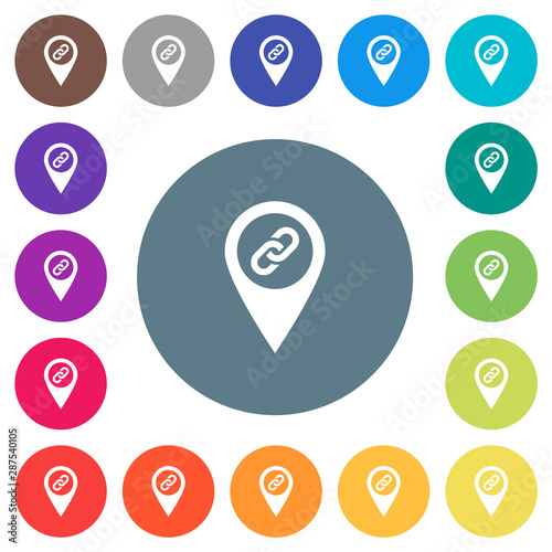 GPS map location attachment flat white icons on round color backgrounds