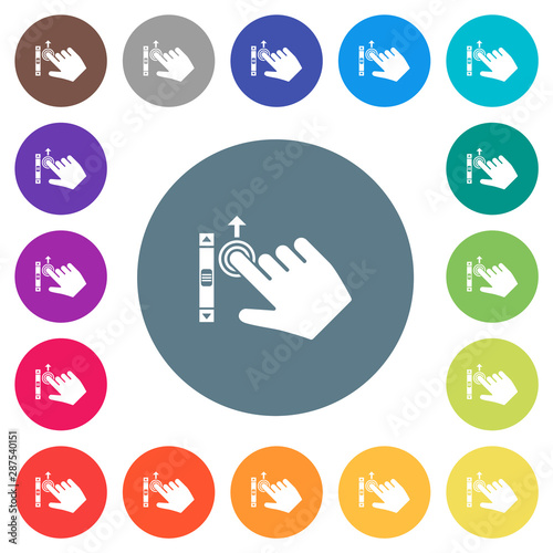 Right handed scroll up gesture flat white icons on round color backgrounds photo