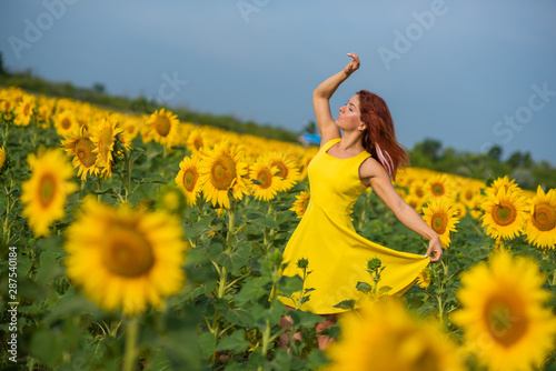 A red-haired woman in a yellow dress is standing in a field of sunflowers. Beautiful girl in a skirt sun enjoys a cloudless day in the countryside. Pink locks of hair.