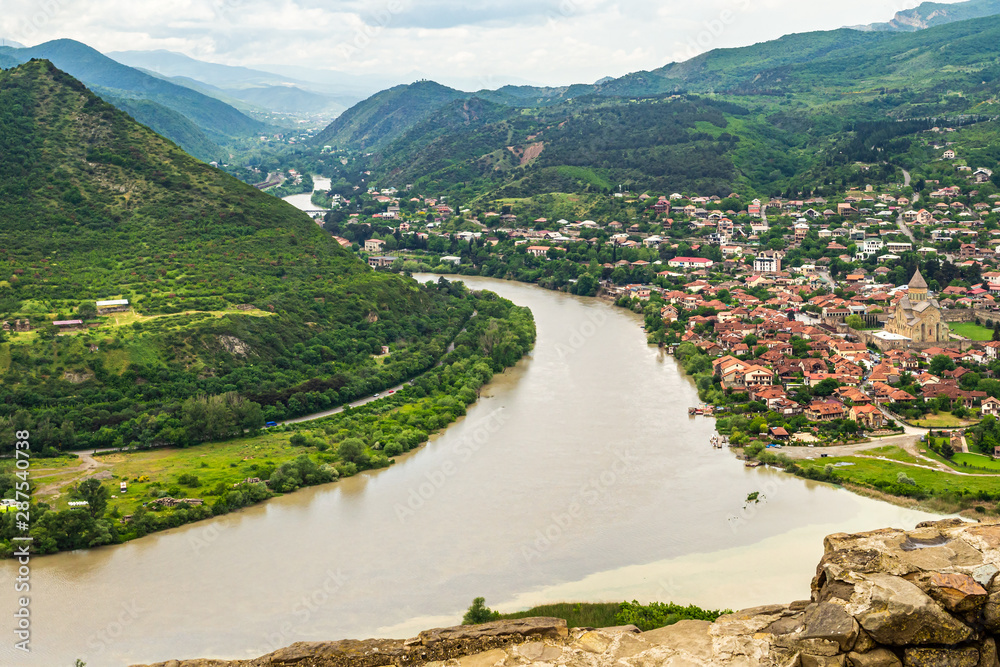 Confluence of Kura and Aragvi rivers, Mtskheta city on their banks