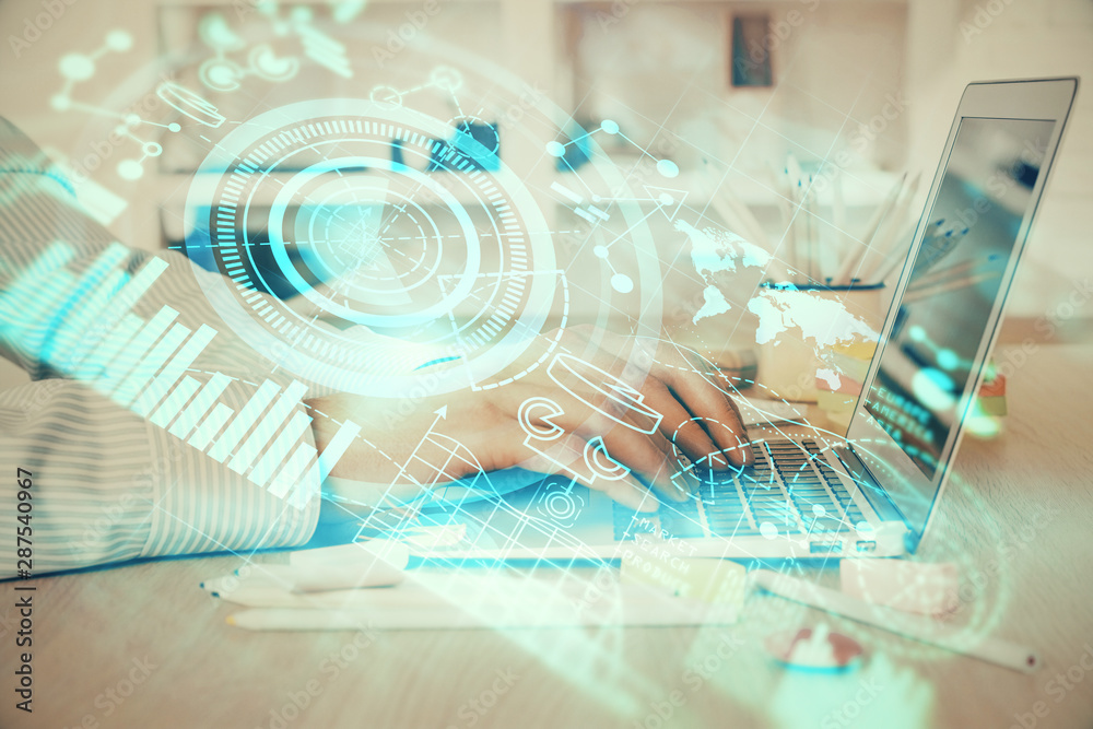 Multi exposure of businessman working on laptop on background. International business hologram in front. Concept of success. Multi exposure of businessman working on laptop on background. International business hologram in front. Concept of success.