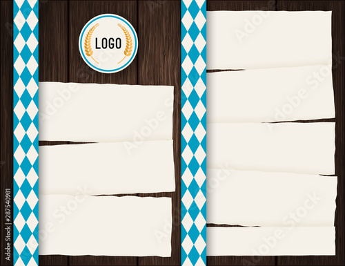 Vector Octoberfest background for beer table menu or flyer. Vintage rustic design with wooden backdrop and rough paper sheets.