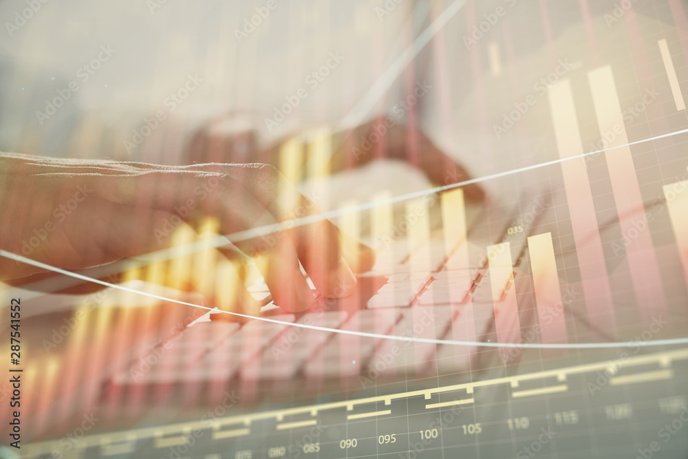 Forex graph with businessman working on computer in office on background. Concept of hardworking. Closeup. Multi exposure. Forex graph with businessman working on computer in office on background. Concept of hardworking. Closeup. Multi exposure.