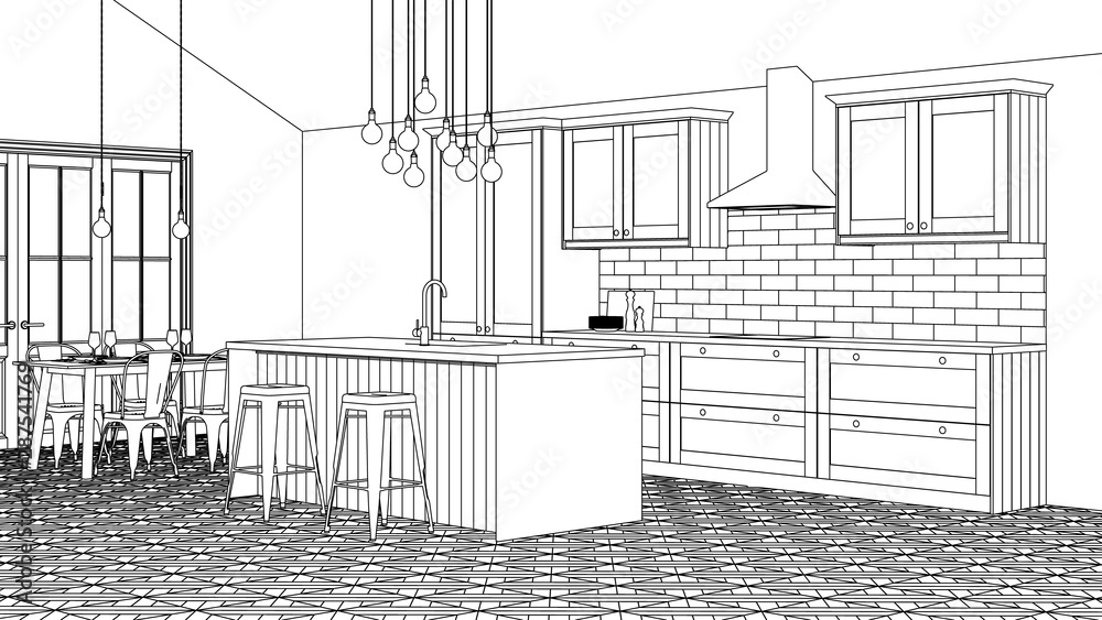The interior of the kitchen in a private house. Linear sketch of the interior. 3D rendering.