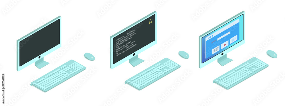 personalcomputer is turned off, booted up, running, keyboard and mouse - vector image, isometry, isolated on white background
