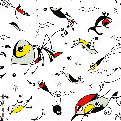 Canvas Print Seamless pattern with Miro inspired surrealistic art  with fish, eyes, moon, lines, dots, stars