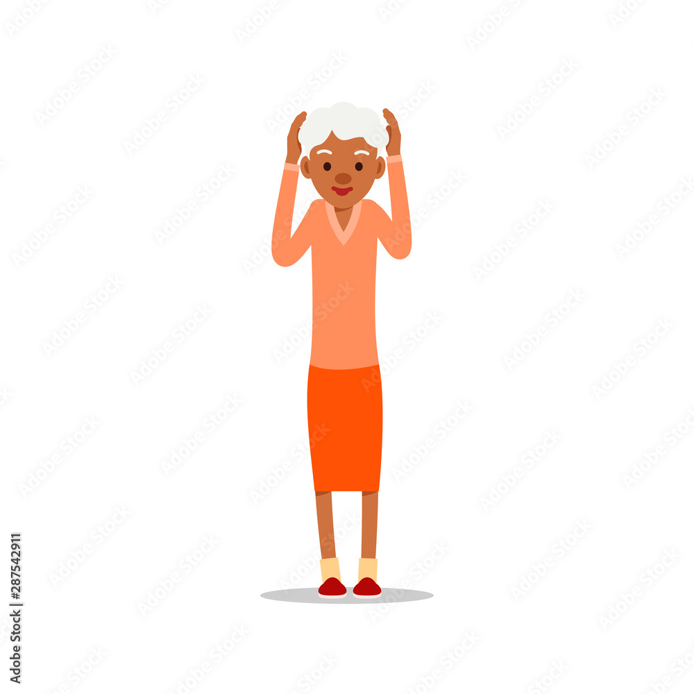 Obraz premium Happy african old woman. Cute grandmother standing and smiling. Traditional retirement lifestyle. Older black lady retired. Cartoon illustration isolated on white background in flat style