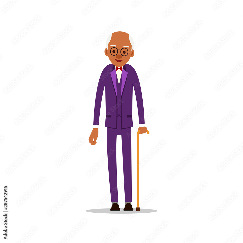 Attractive african old man. Older black senior retired. Cute grandfather standing and smiling. Traditional retirement lifestyle. Cartoon illustration isolated on white background in flat style Attractive african old man. Older black senior retired. Cute grandfather standing and smiling. Traditional retirement lifestyle. Cartoon illustration isolated on white background in flat style