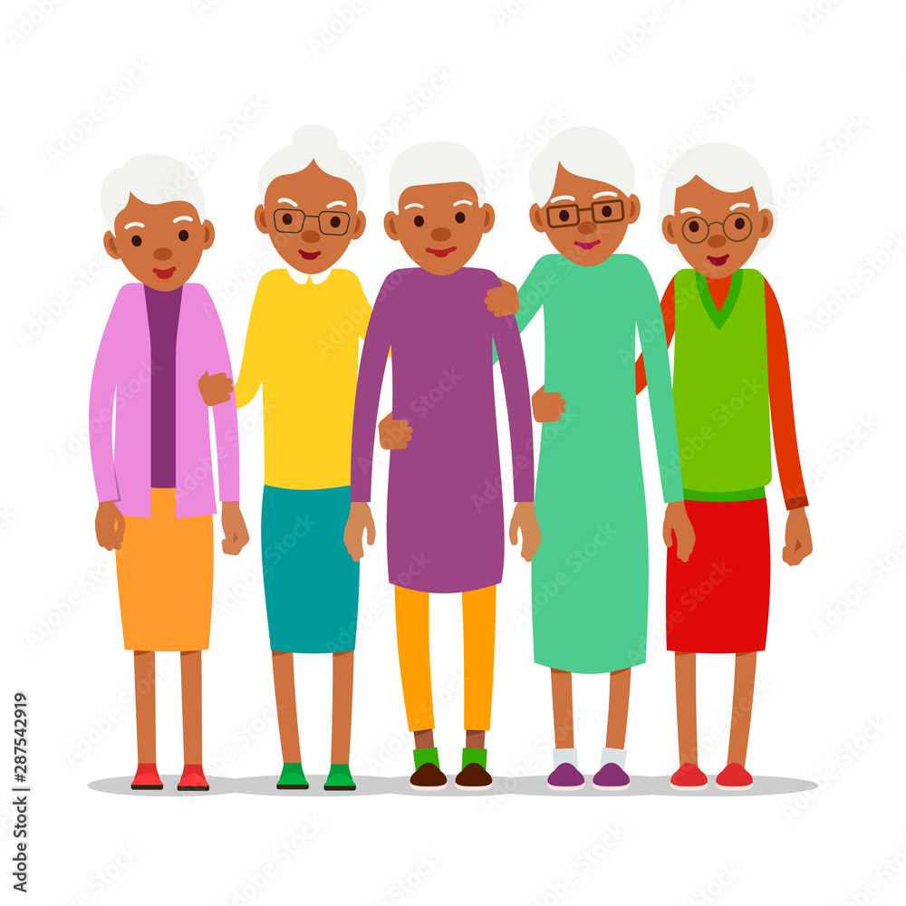 Group old african women, design for any purposes. Senior black american people smiling. Retirement age. Happy attractive lifestyle. Female symbol. Cartoon illustration isolated on white background Group old african women, design for any purposes. Senior black american people smiling. Retirement age. Happy attractive lifestyle. Female symbol. Cartoon illustration isolated on white background