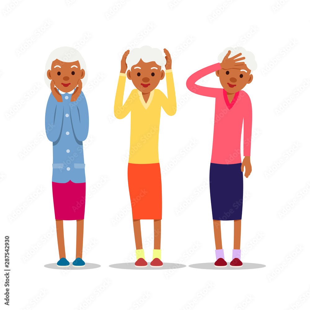 Female headache. Three old african women sick and suffering. Elderly disease. Retirement age. Female symbol. Cartoon illustration isolated on white background in flat style