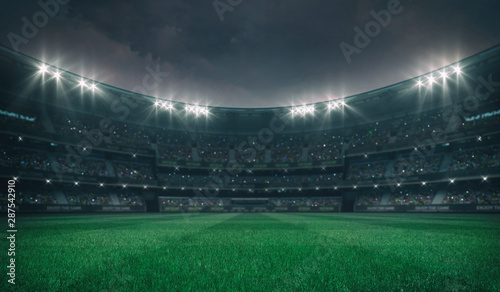 Empty green grass field and alight outdoor stadium with fans, front playground view, grassy field sport building 3D professional background illustration
