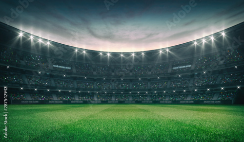 Empty green grass field and illuminated outdoor stadium with fans  front field view  grassy field sport building 3D professional background illustration