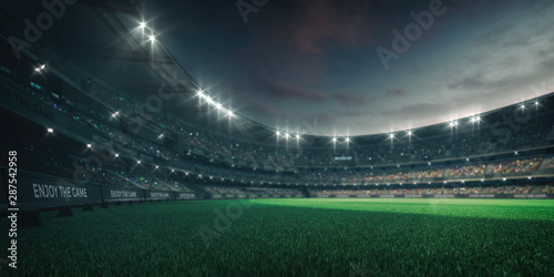 Stadium lights and empty green grass field with fans around, perspective playground view, grassy field sport building 3D professional background illustration © LeArchitecto