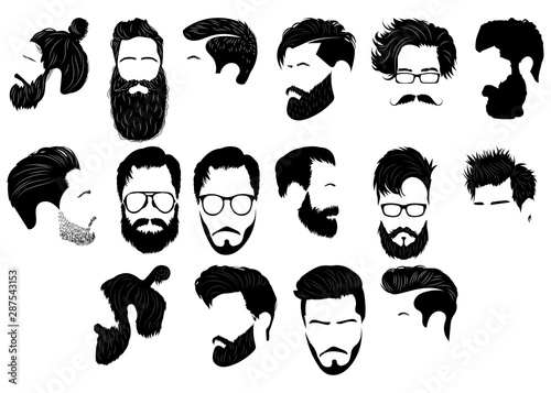 Set of hairstyles for men. Collection of black silhouettes of hairstyles and beards. Vector illustration for hairdresser.