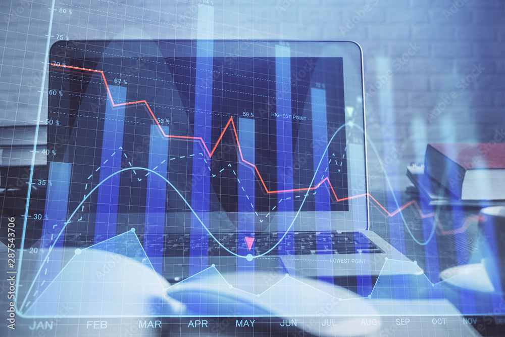 Stock market graph and table with computer background. Multi exposure. Concept of financial analysis. Stock market graph and table with computer background. Multi exposure. Concept of financial analysis.