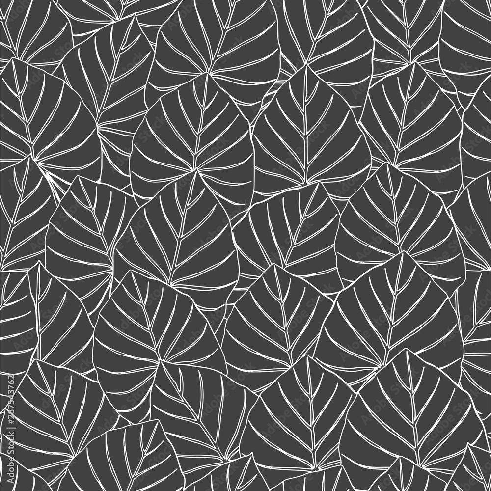 Leaves black ink sketchy seamless pattern. Exotic trees foliage black and white illustration. Monochrome tropical overlapping leafage on white background. Minimalist botanical fabric, wallpaper design